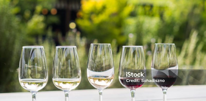 Wine tasting in Stellenbosch, South Africa. From the left: sauvignon blanc, chardonnay, blanc de noir, merlot, cabernet sauvignon.